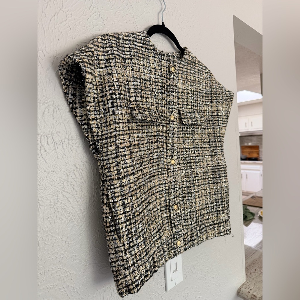 Zara collection black gold sequin tweed button down short sleeve blouse XS S - Picture 3 of 10